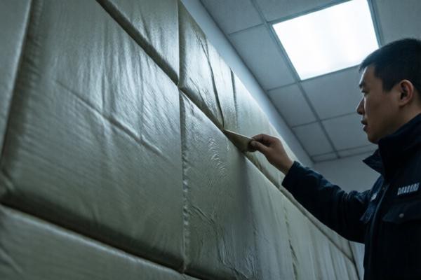25mm复合防撞软包在某市公安局讯问室墙面安装中,工人涂胶贴板的局部特写,顶灯冷白光照明