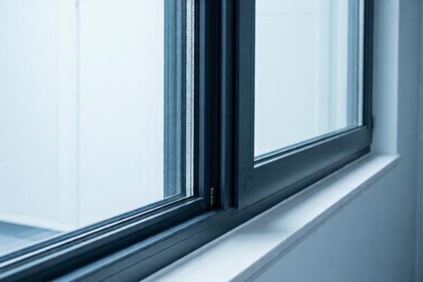 医学消声室控制室玻璃窗细节，双层中空玻璃边缘密封条特写，透明度高，反射出室内白色洁净墙面，冷色调光线，突出隔音与观察功能结合